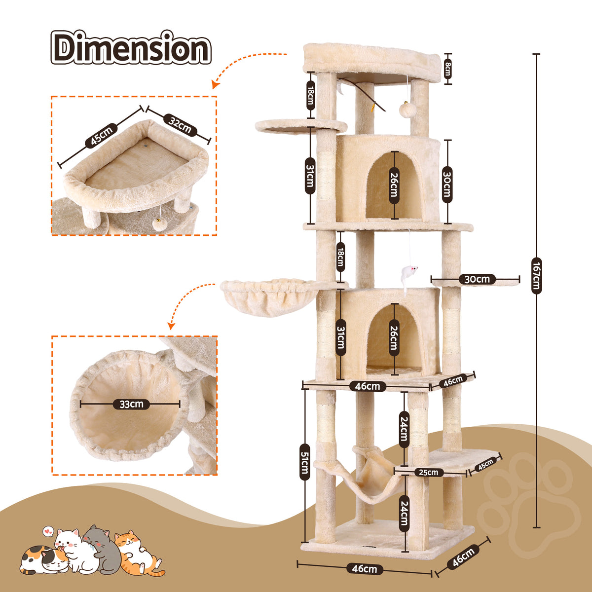Cat Tree Tower 167cm | Large Scratching Post | Multi Level | Beige