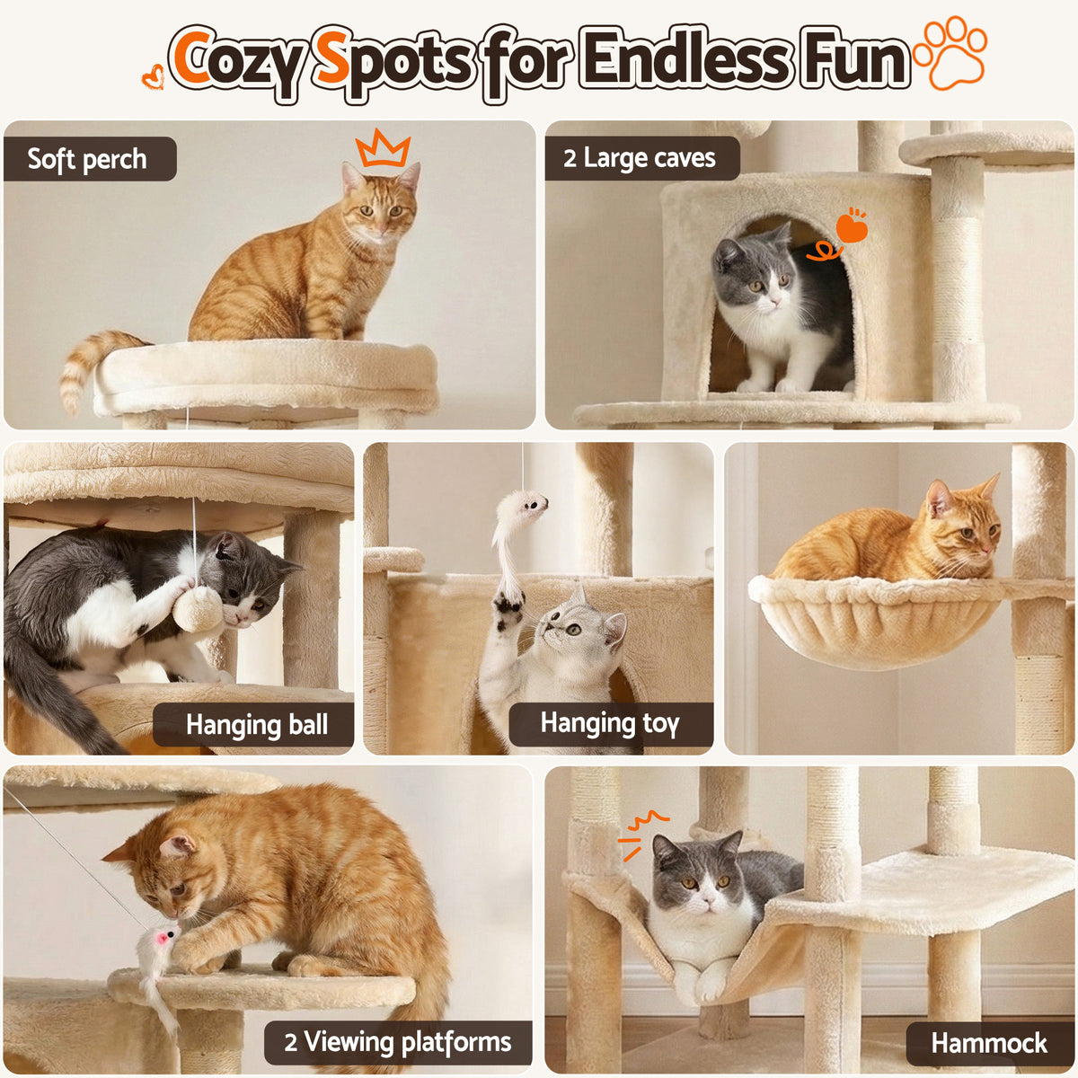 Cat Tree Tower 167cm | Large Scratching Post | Multi Level | Beige