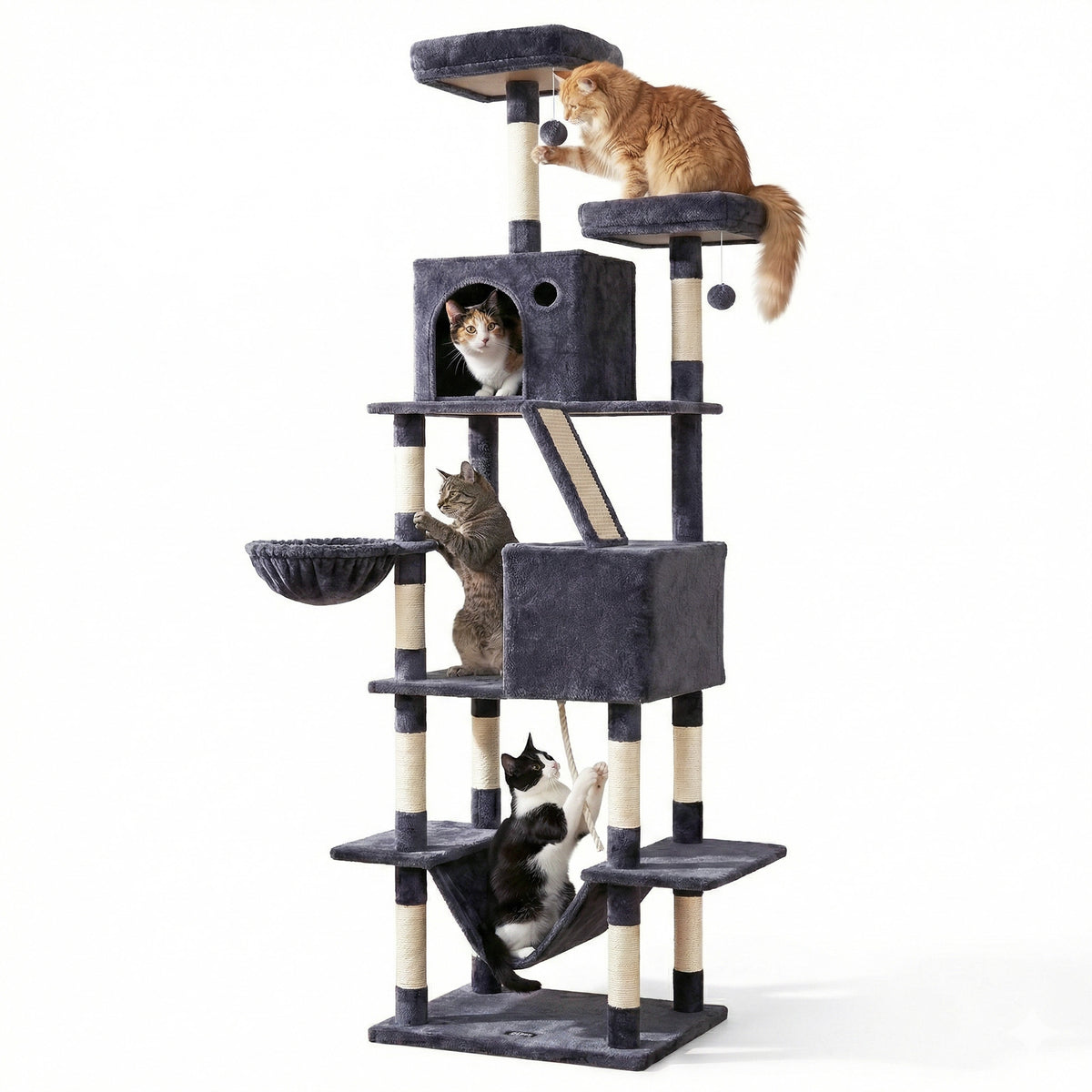 Cat Tree Tower 206cm | Large Scratching Post | Multi Level | Grey