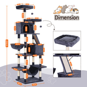 Cat Tree Tower 206cm | Large Scratching Post | Multi Level | Grey