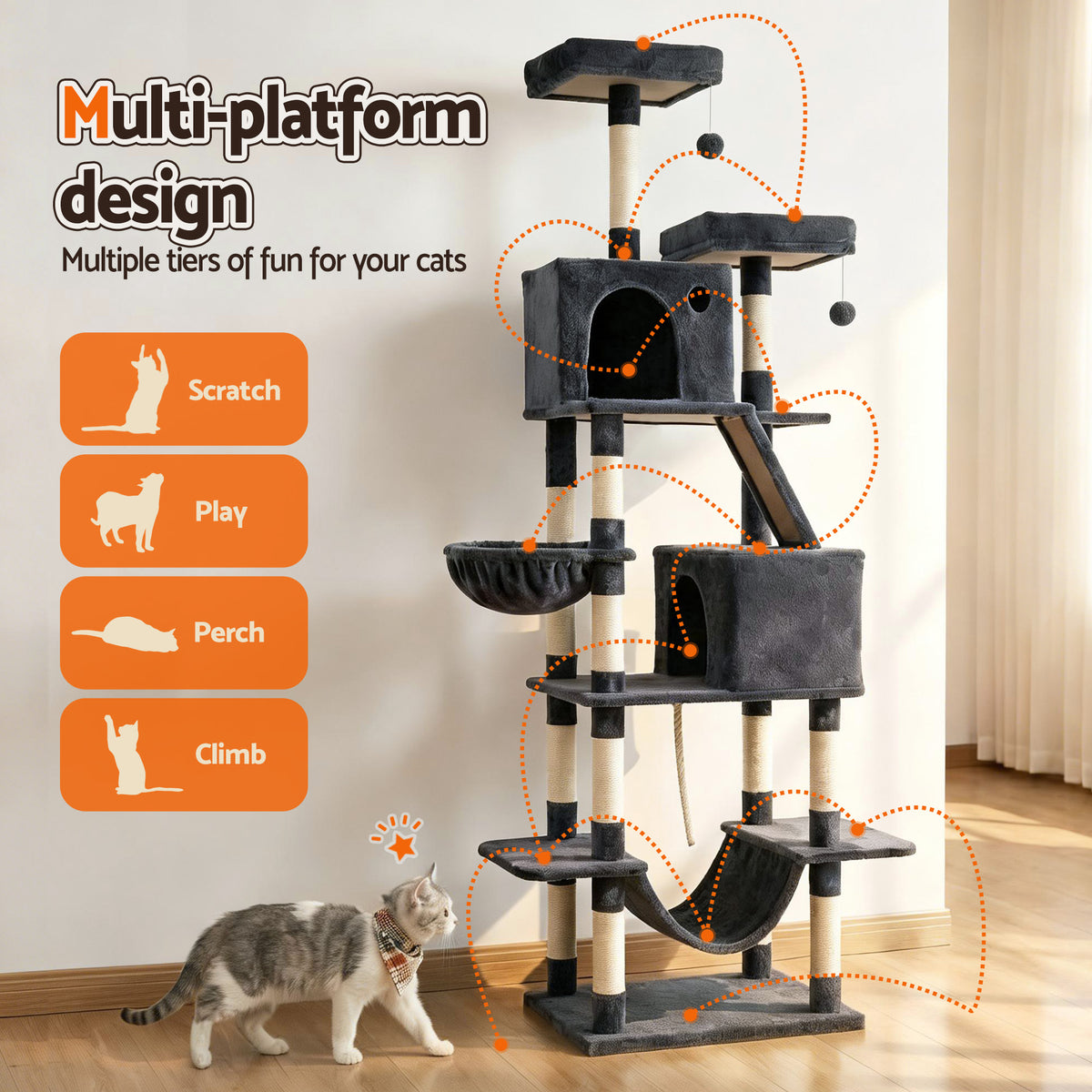 Cat Tree Tower 206cm | Large Scratching Post | Multi Level | Grey