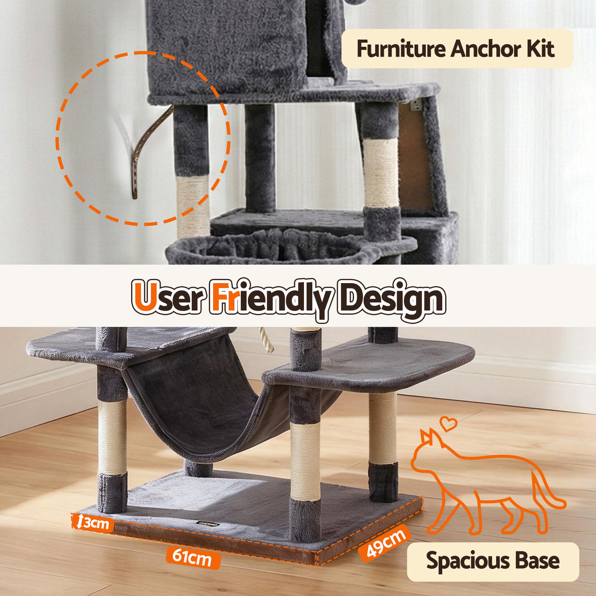 Cat Tree Tower 206cm | Large Scratching Post | Multi Level | Grey
