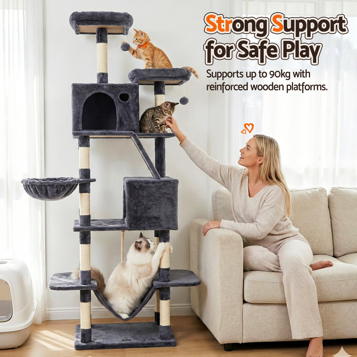 Cat Tree Tower 206cm | Large Scratching Post | Multi Level | Grey