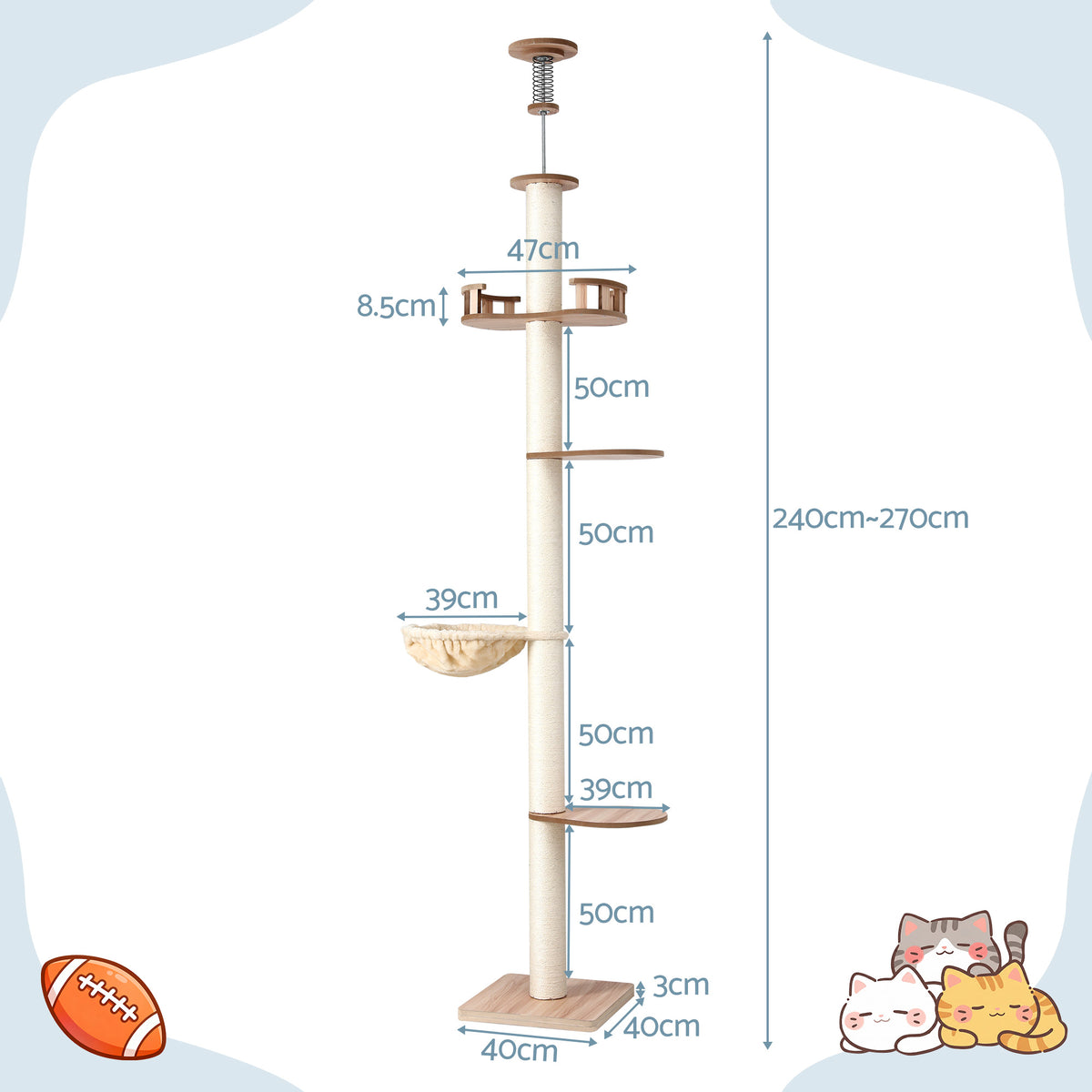 Floor-to-Ceiling Cat Tree | 270cm | Scratching Post Tower | Beige