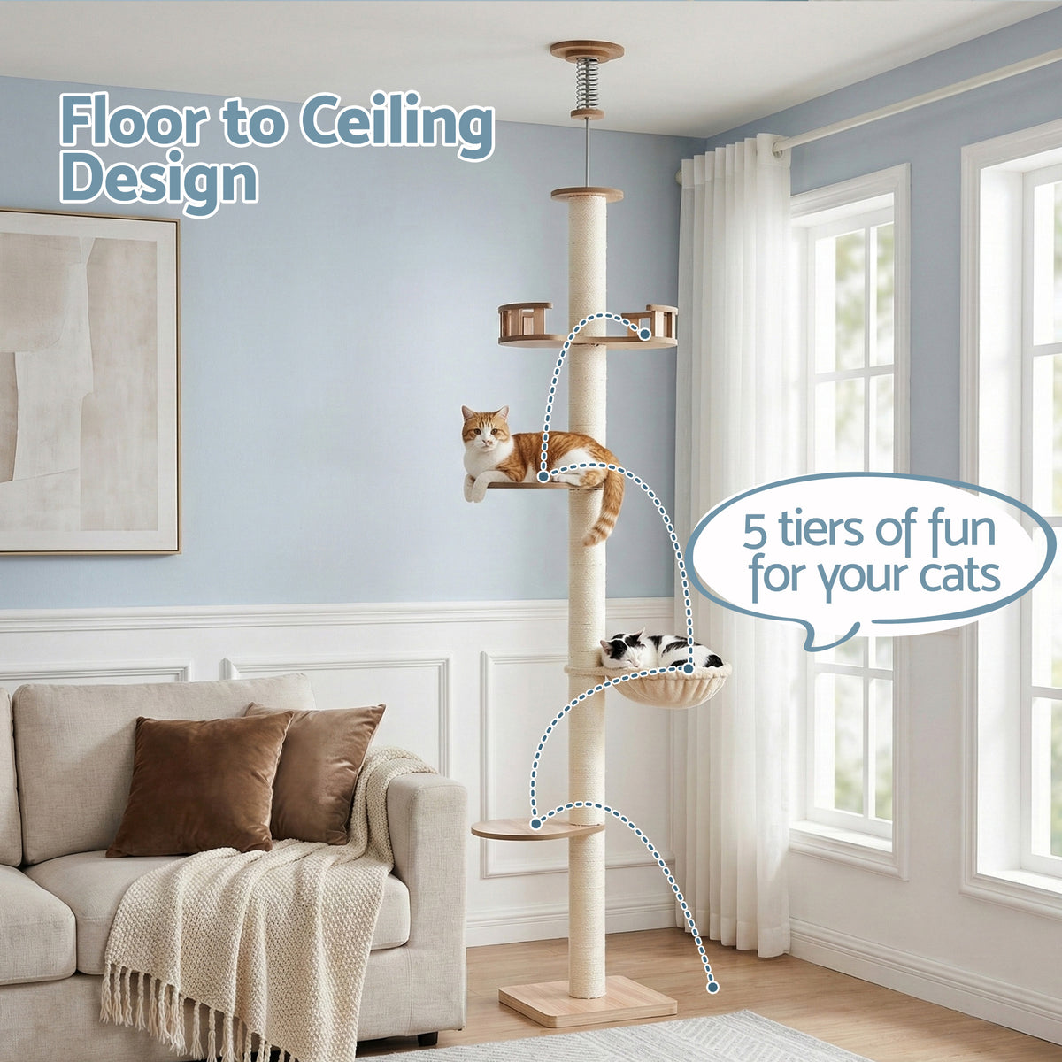 Floor-to-Ceiling Cat Tree | 270cm | Scratching Post Tower | Beige