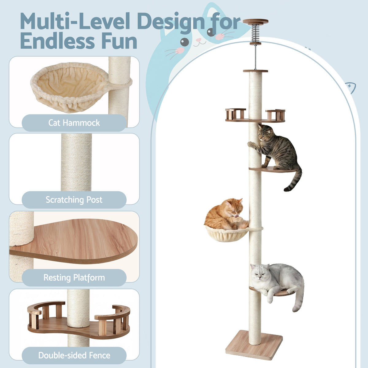 Floor-to-Ceiling Cat Tree | 270cm | Scratching Post Tower | Beige