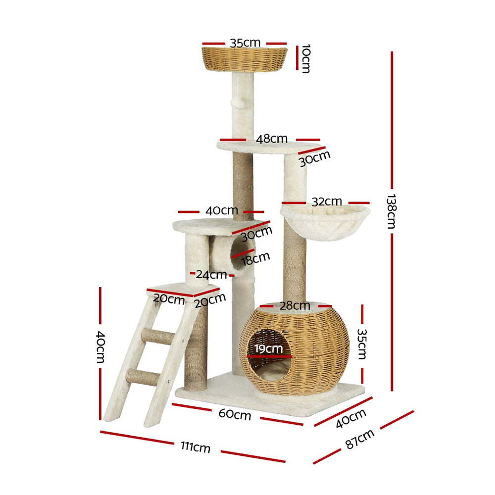 Cat Tree 138cm | Tower Scratching Post Scratcher Wood Bed Condo House Rattan Ladder