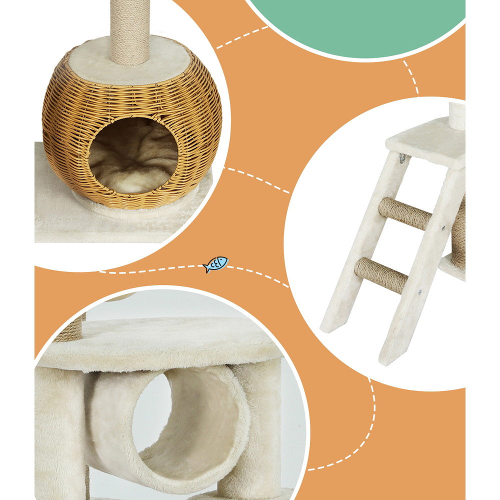 Cat Tree 138cm | Tower Scratching Post Scratcher Wood Bed Condo House Rattan Ladder
