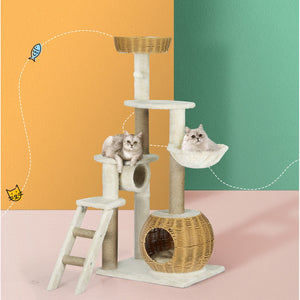 Cat Tree 138cm | Tower Scratching Post Scratcher Wood Bed Condo House Rattan Ladder