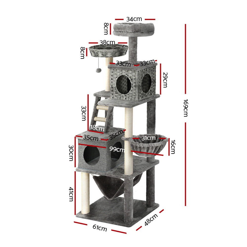 Cat Tree 169cm | Tower Scratching Post Scratcher Wood Bed Condo House Rattan Ladder