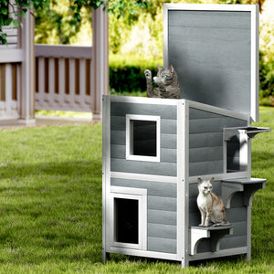Cat House Outdoor Shelter | 56cm x 52cm x 82cm Rabbit Hutch Wooden Condo Small Dog Pet Enclosure