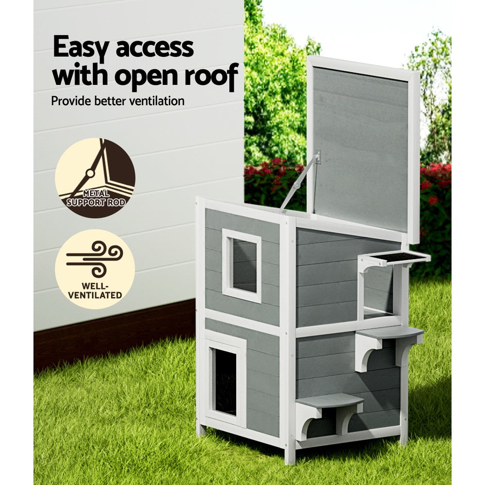 Cat House Outdoor Shelter | 56cm x 52cm x 82cm Rabbit Hutch Wooden Condo Small Dog Pet Enclosure