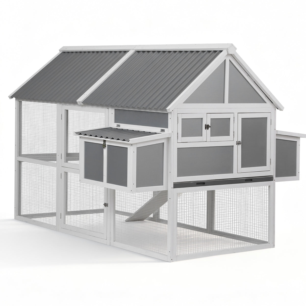 Large Chicken Coop | Outdoor Hutch | Run + Nesting Box | Grey/White