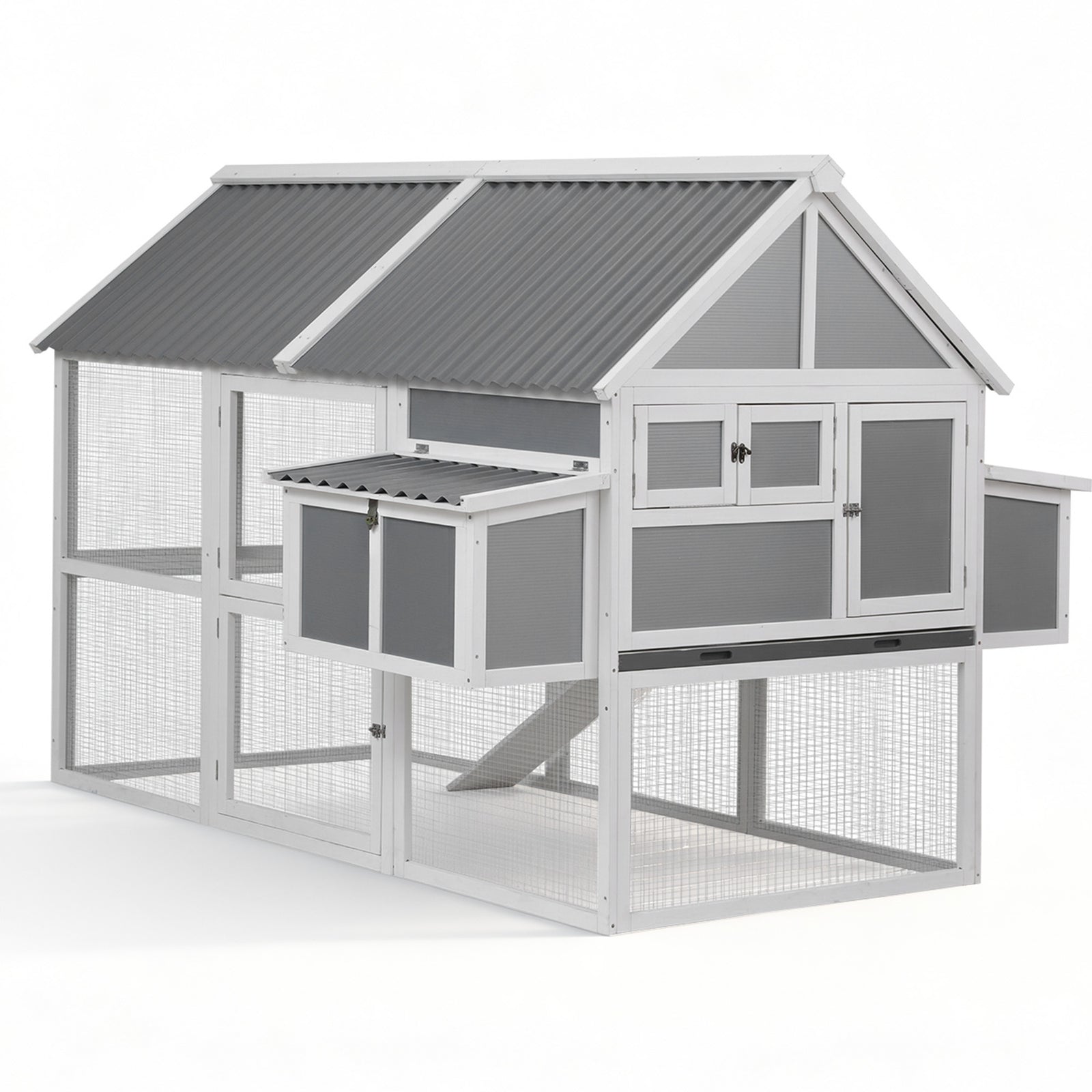 Large Chicken Coop | Outdoor Hutch | Run + Nesting Box | Grey/White