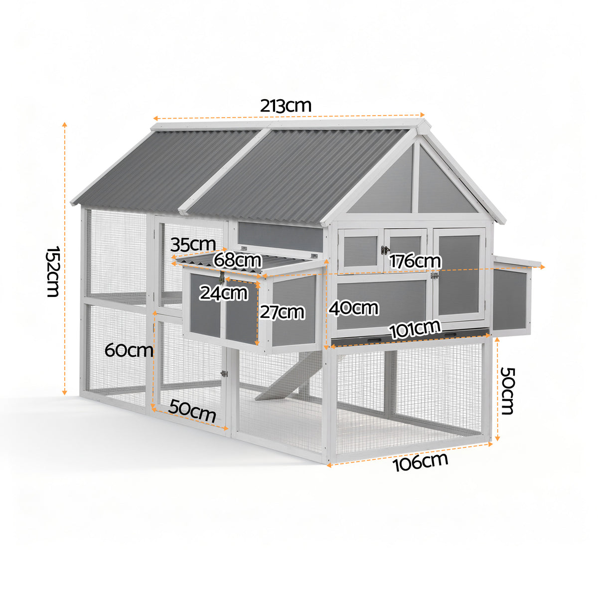 Large Chicken Coop | Outdoor Hutch | Run + Nesting Box | Grey/White