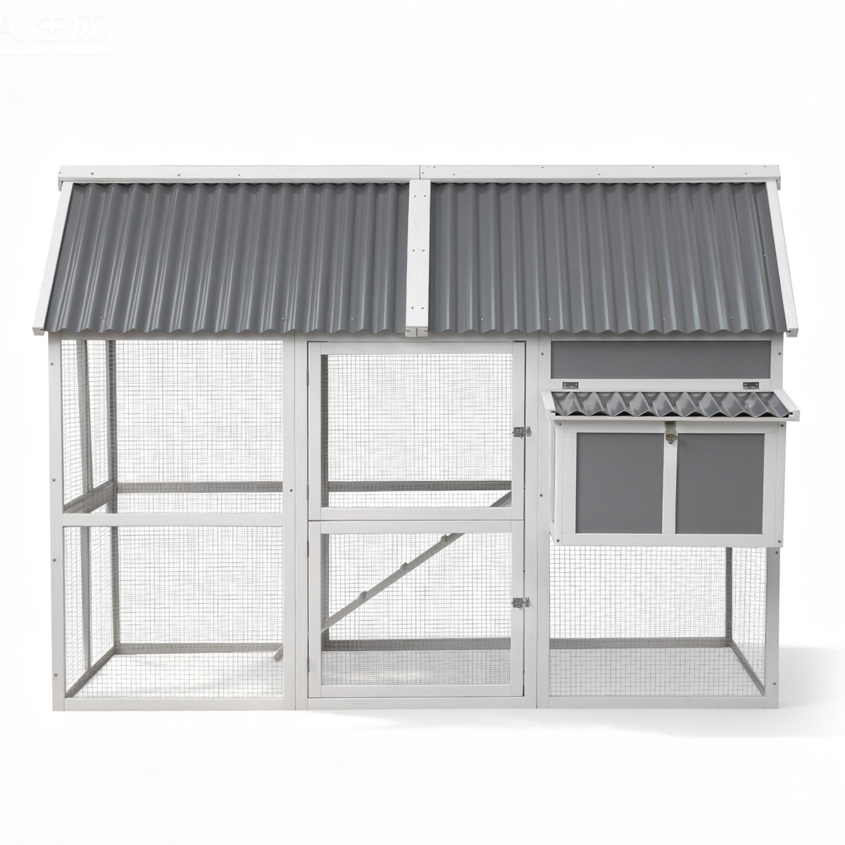 Large Chicken Coop | Outdoor Hutch | Run + Nesting Box | Grey/White