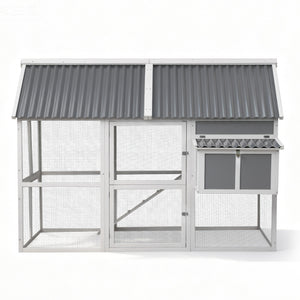 Large Chicken Coop | Outdoor Hutch | Run + Nesting Box | Grey/White