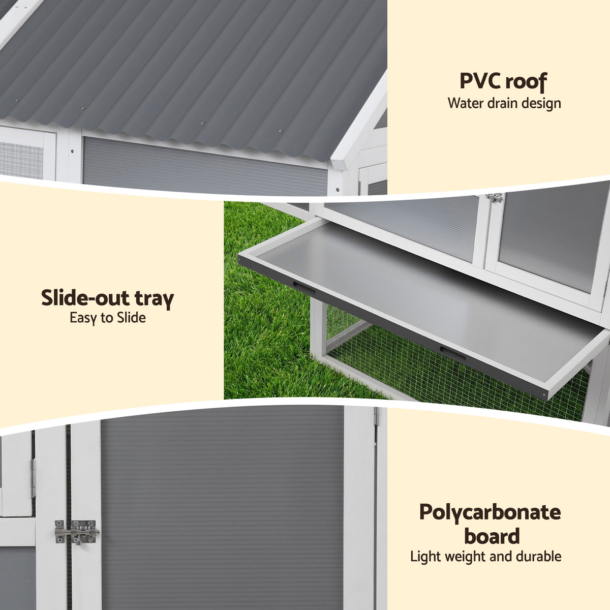 Large Chicken Coop | Outdoor Hutch | Run + Nesting Box | Grey/White