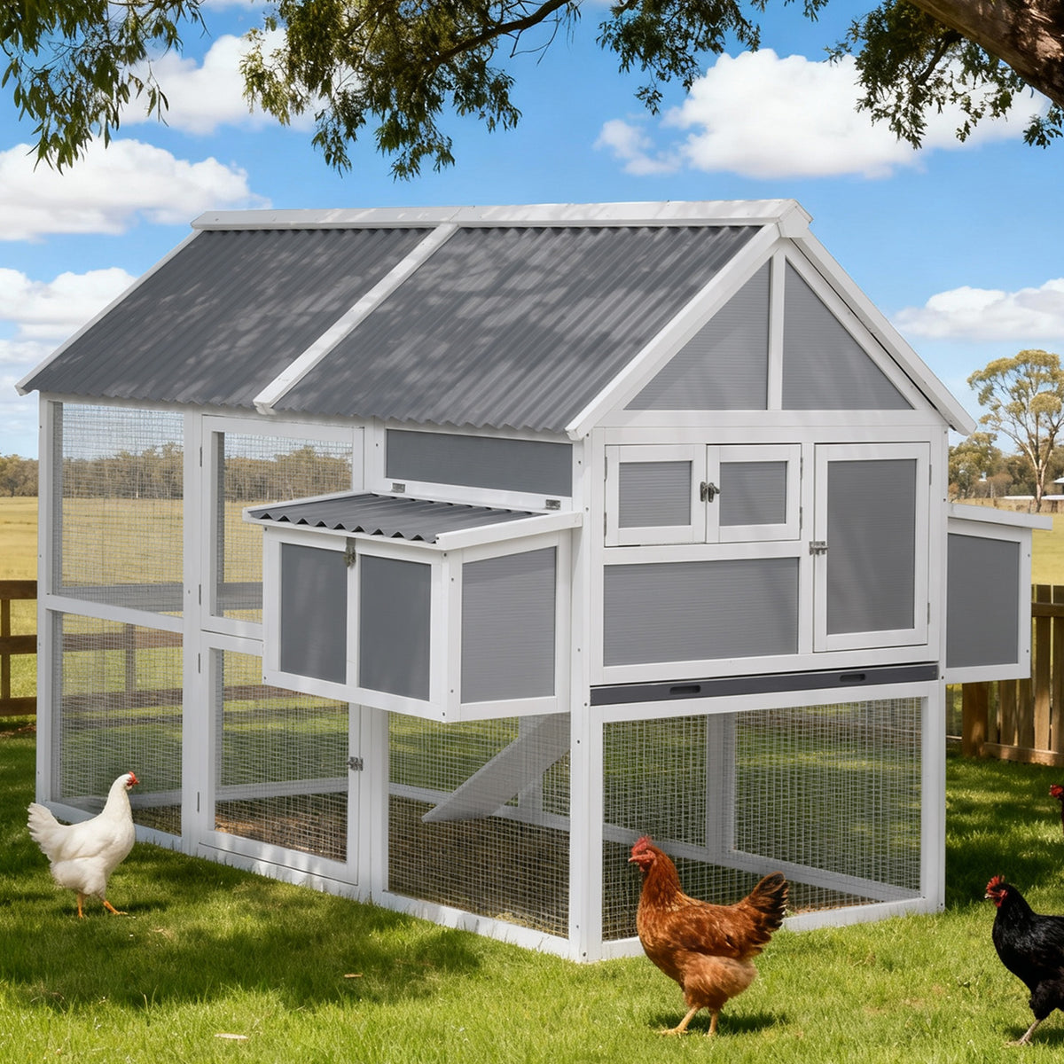 Large Chicken Coop | Outdoor Hutch | Run + Nesting Box | Grey/White
