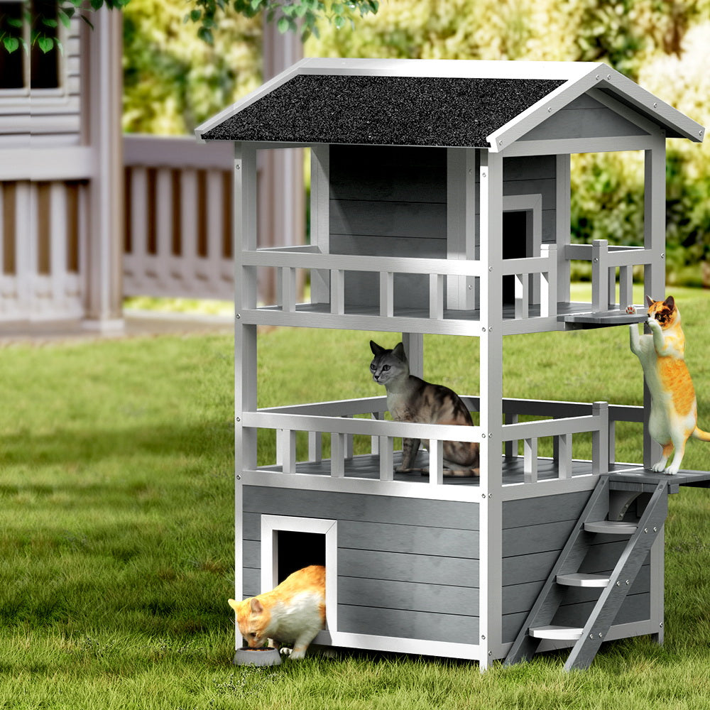 Cat House Outdoor Shelter | 72cm x 72cm x 127cm Rabbit Hutch Wooden Condo Small Dog Pet Houses Enclosure
