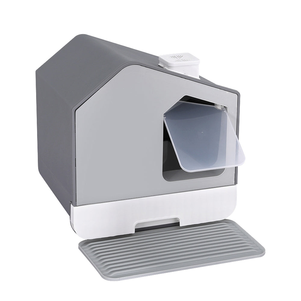 Cat Litter Box | Large Tray Kitty Toilet | Fully Enclosed House Hooded Scoop Mat Grey