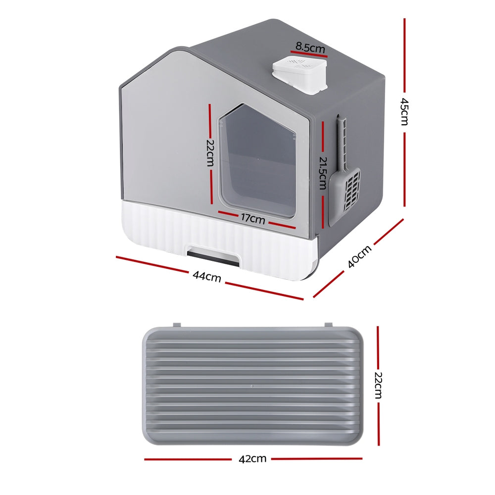 Cat Litter Box | Large Tray Kitty Toilet | Fully Enclosed House Hooded Scoop Mat Grey