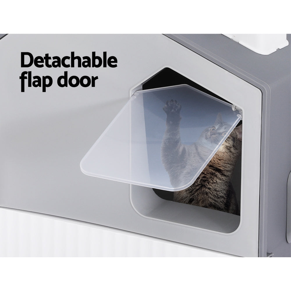 Cat Litter Box | Large Tray Kitty Toilet | Fully Enclosed House Hooded Scoop Mat Grey