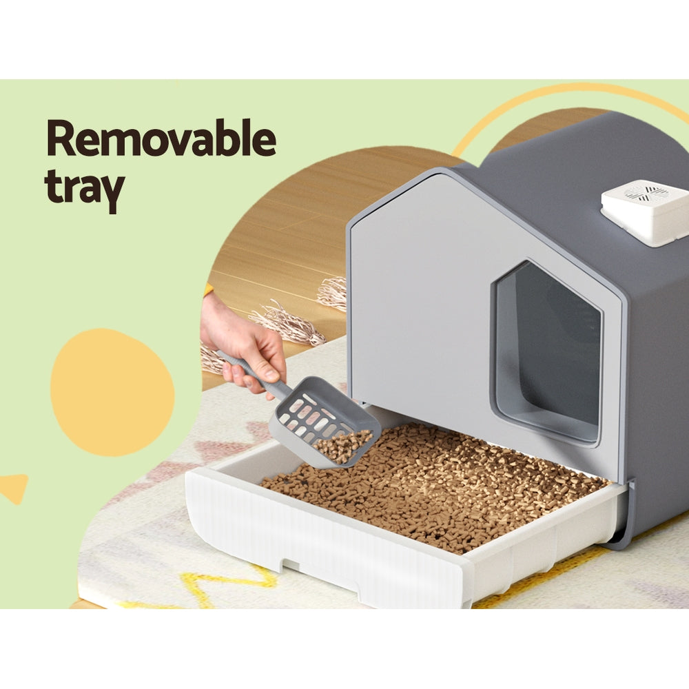 Cat Litter Box | Large Tray Kitty Toilet | Fully Enclosed House Hooded Scoop Mat Grey