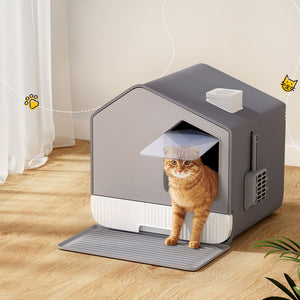 Cat Litter Box | Large Tray Kitty Toilet | Fully Enclosed House Hooded Scoop Mat Grey
