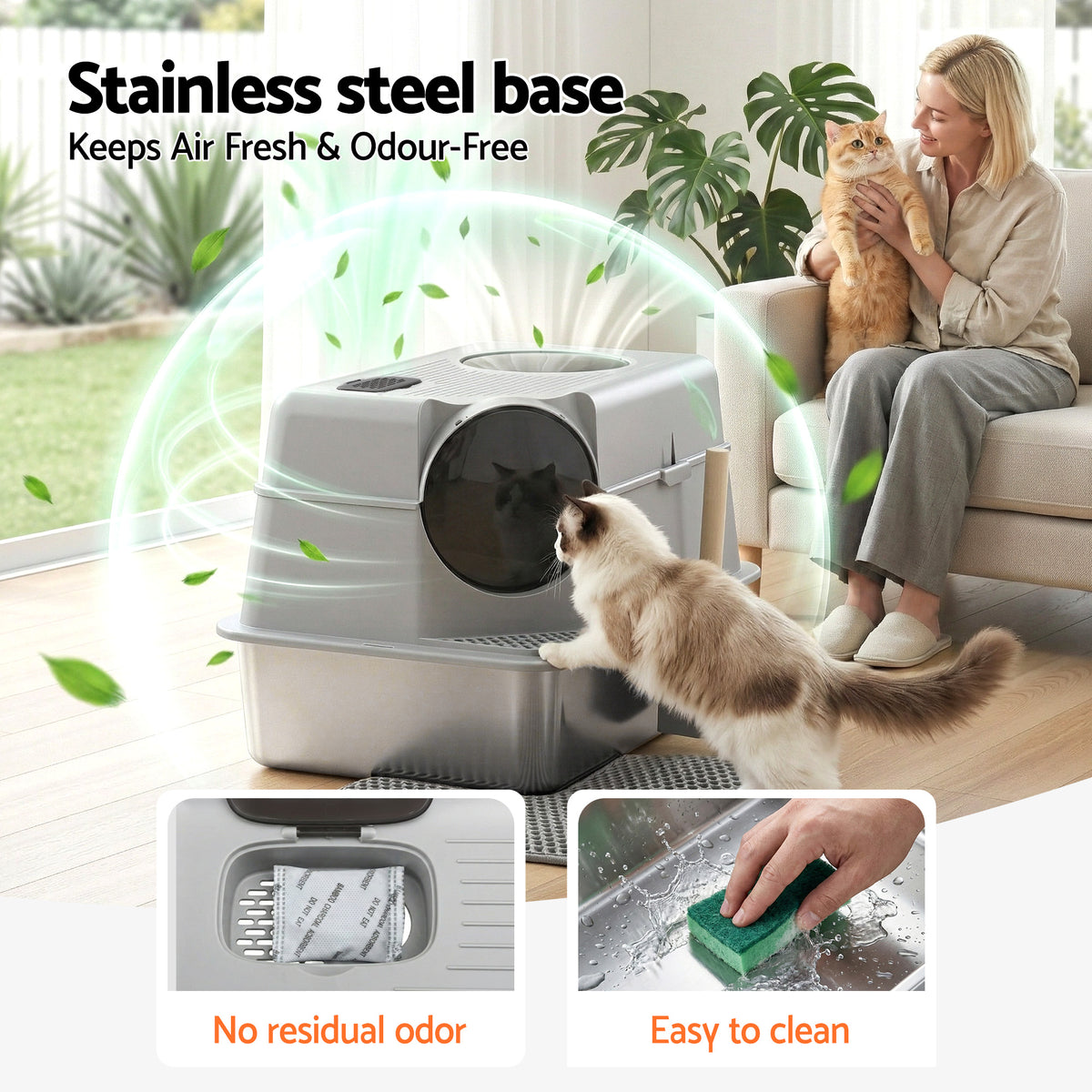 Cat Litter Box | Stainless Steel | High Sided | Odour Control | Large