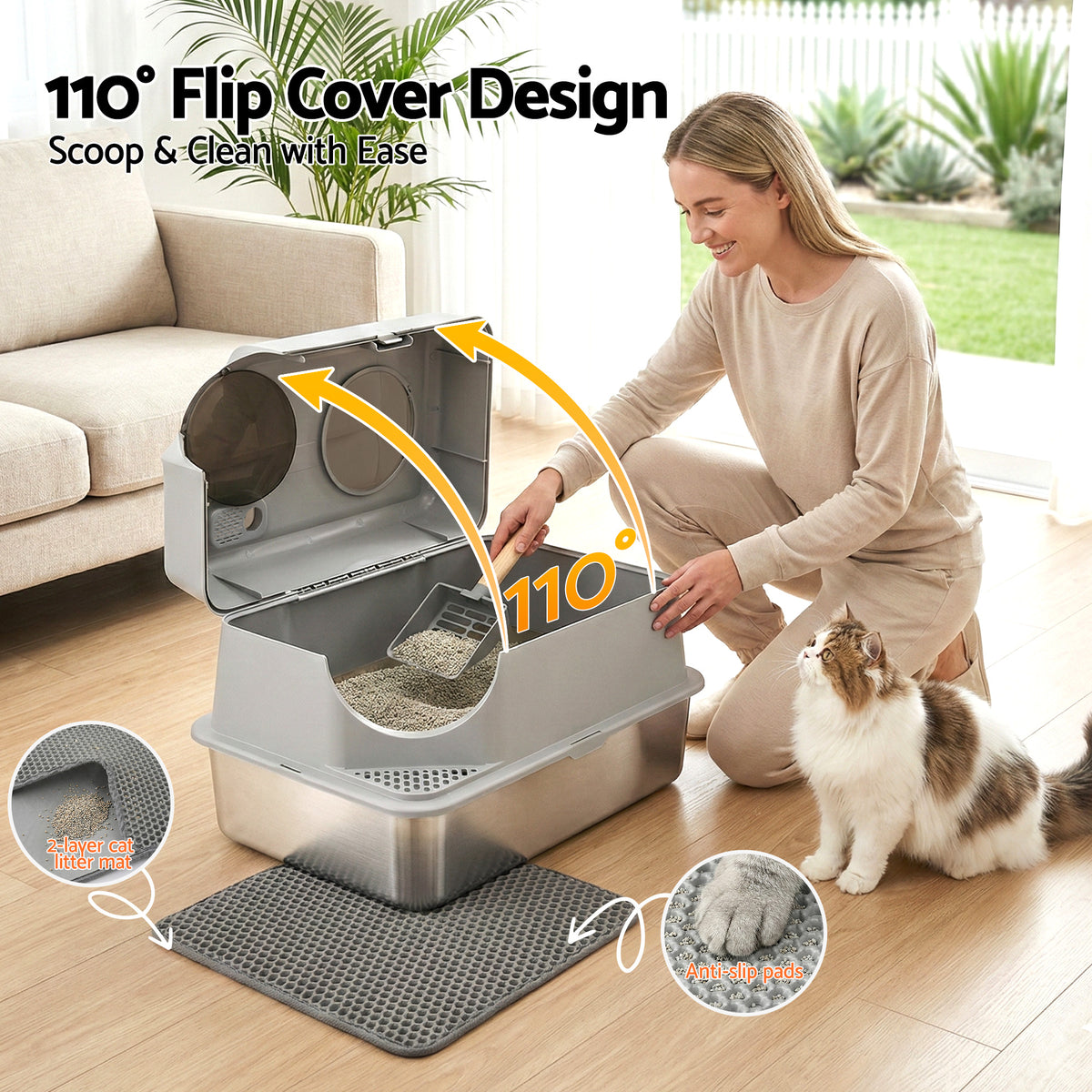 Cat Litter Box | Stainless Steel | High Sided | Odour Control | Large