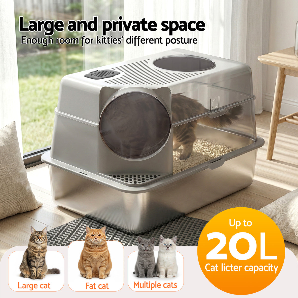 Cat Litter Box | Stainless Steel | High Sided | Odour Control | Large