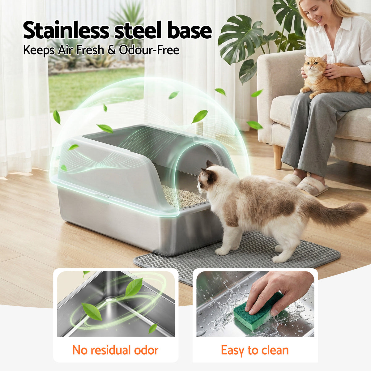 Cat Litter Box | Stainless Steel | Semi Enclosed | Large | Grey