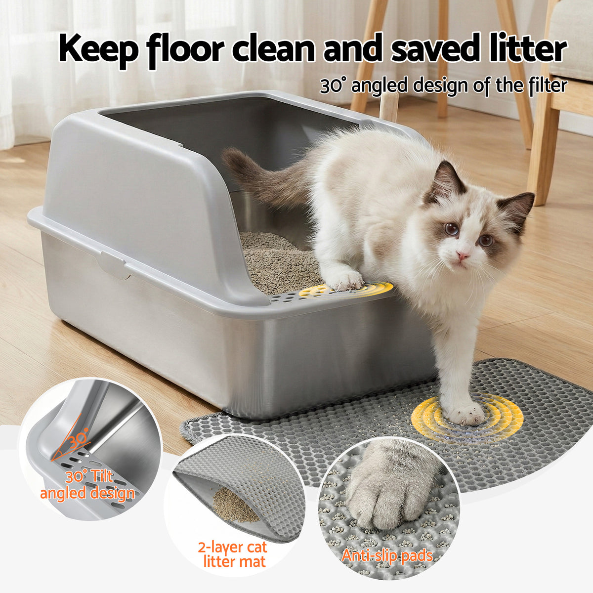 Cat Litter Box | Stainless Steel | Semi Enclosed | Large | Grey