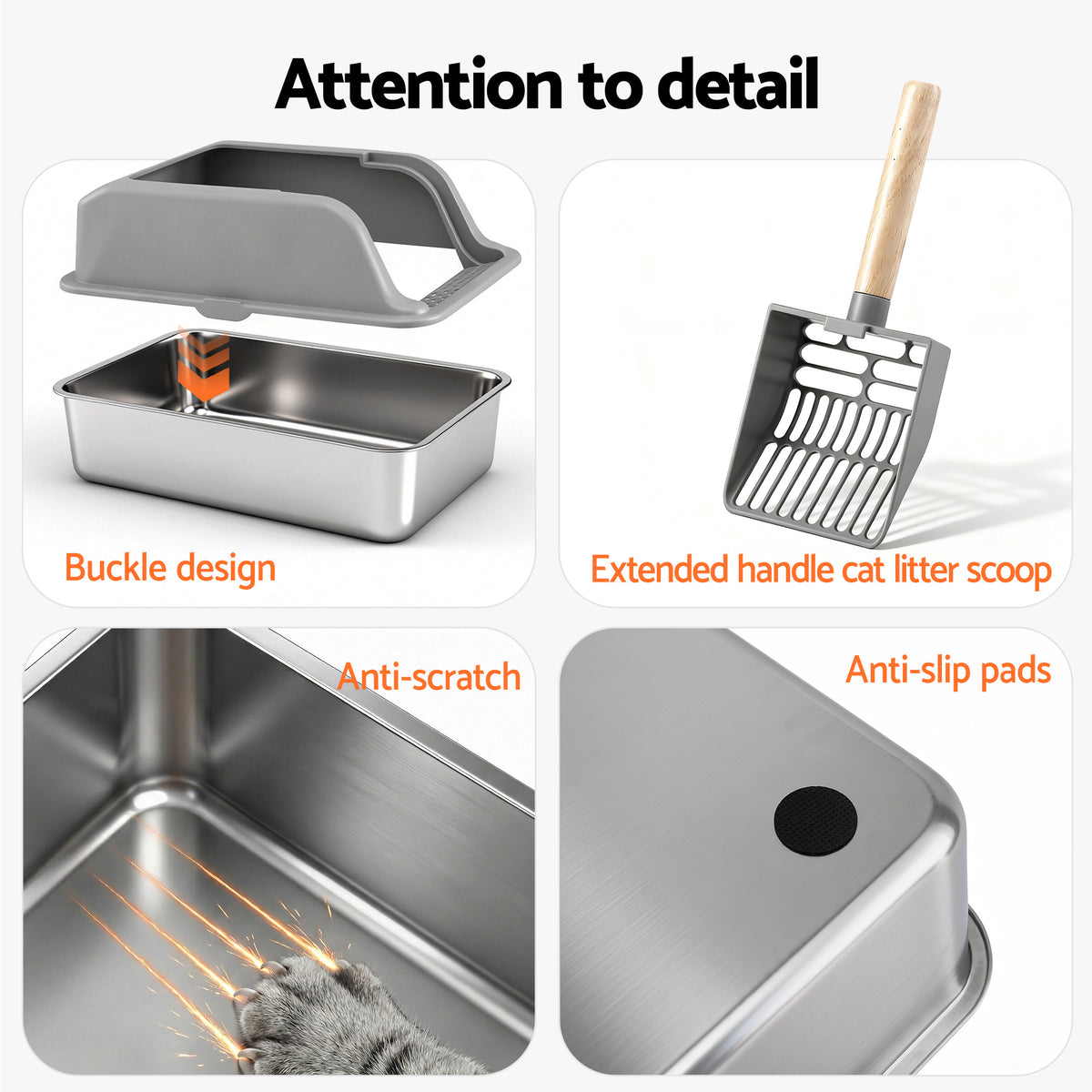 Cat Litter Box | Stainless Steel | Semi Enclosed | Large | Grey