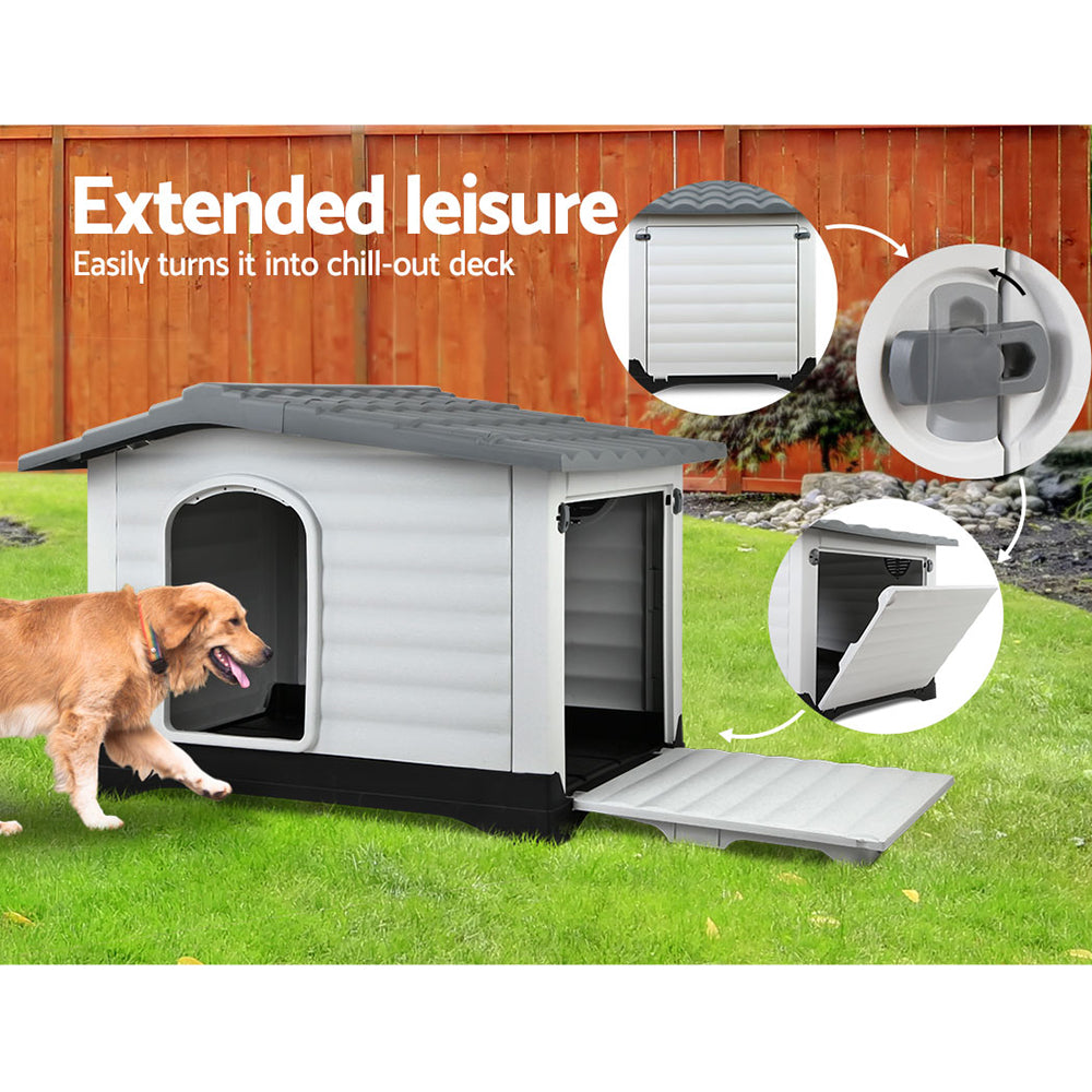 Dog Kennel House Extra Large | Outdoor Plastic Puppy Pet Cabin Shelter XL Grey