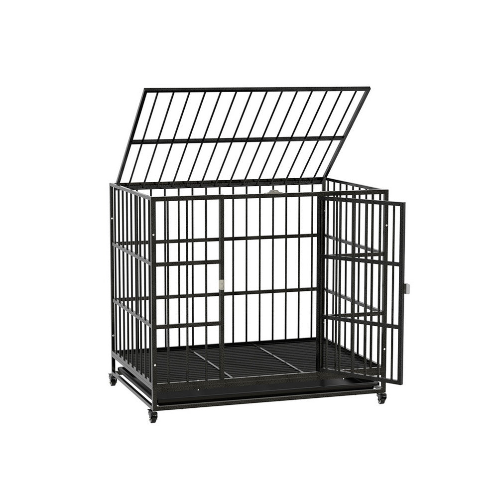 Dog Cage Crate | Large Puppy Cat Anti-Bite Pet Kennel | Wheels w/Tray Metal