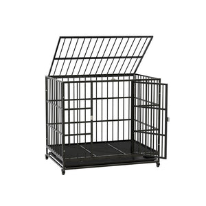 Dog Cage Crate | Large Puppy Cat Anti-Bite Pet Kennel | Wheels w/Tray Metal