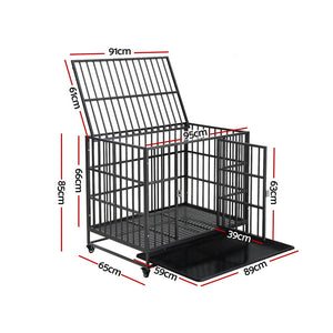 Dog Cage Crate | Large Puppy Cat Anti-Bite Pet Kennel | Wheels w/Tray Metal