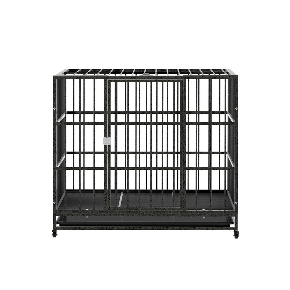 Dog Cage Crate | Large Puppy Cat Anti-Bite Pet Kennel | Wheels w/Tray Metal