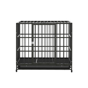 Dog Cage Crate | Large Puppy Cat Anti-Bite Pet Kennel | Wheels w/Tray Metal