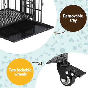 Dog Cage Crate | Large Puppy Cat Anti-Bite Pet Kennel | Wheels w/Tray Metal