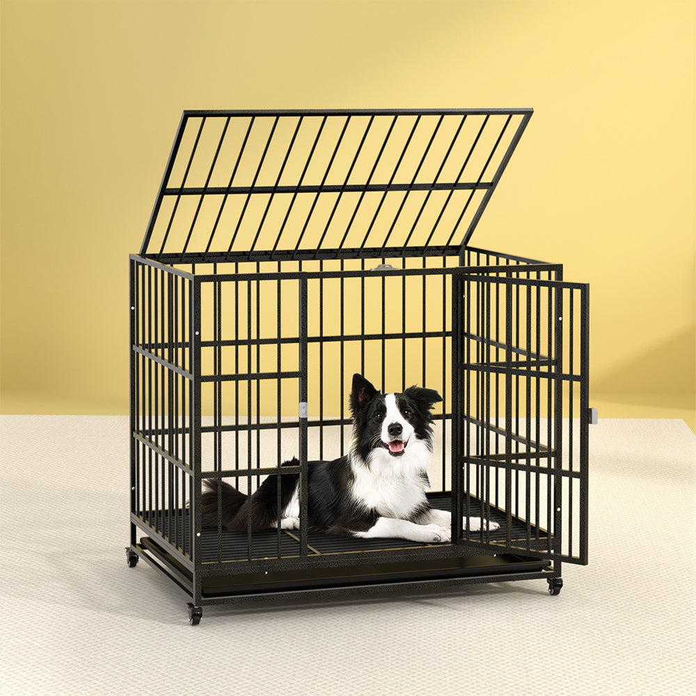 Dog Cage Crate | Large Puppy Cat Anti-Bite Pet Kennel | Wheels w/Tray Metal