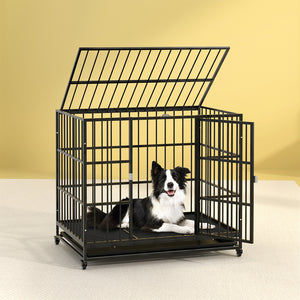 Dog Cage Crate | Large Puppy Cat Anti-Bite Pet Kennel | Wheels w/Tray Metal