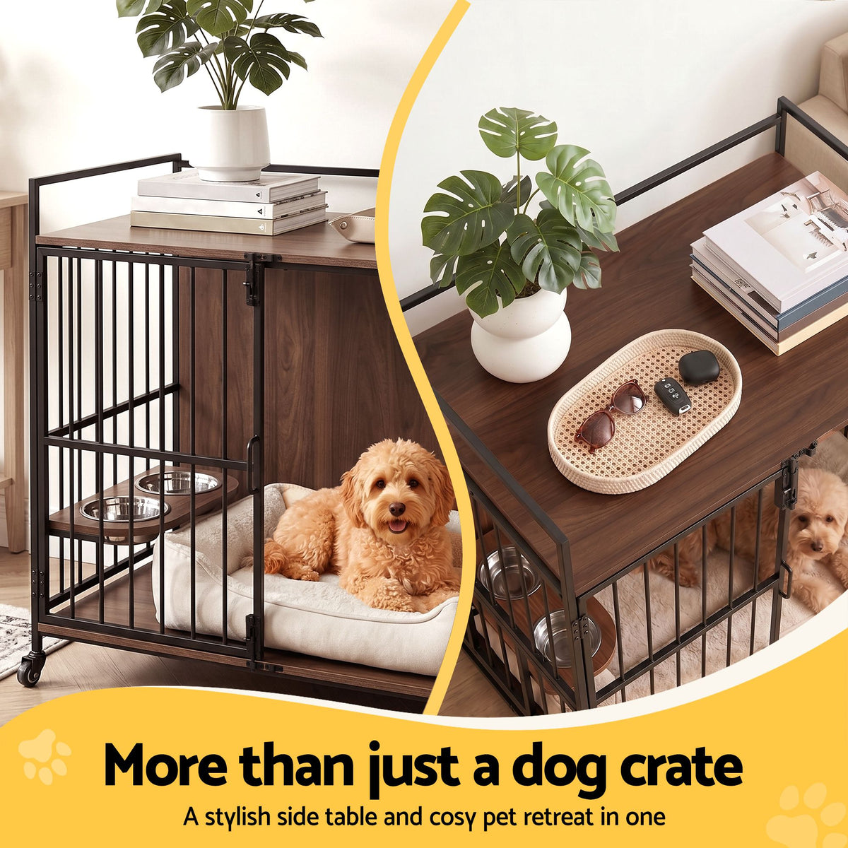 i.Pet 2-in-1 Wooden Dog Crate 99cm Pet Cage Furniture End Table Wheels Black