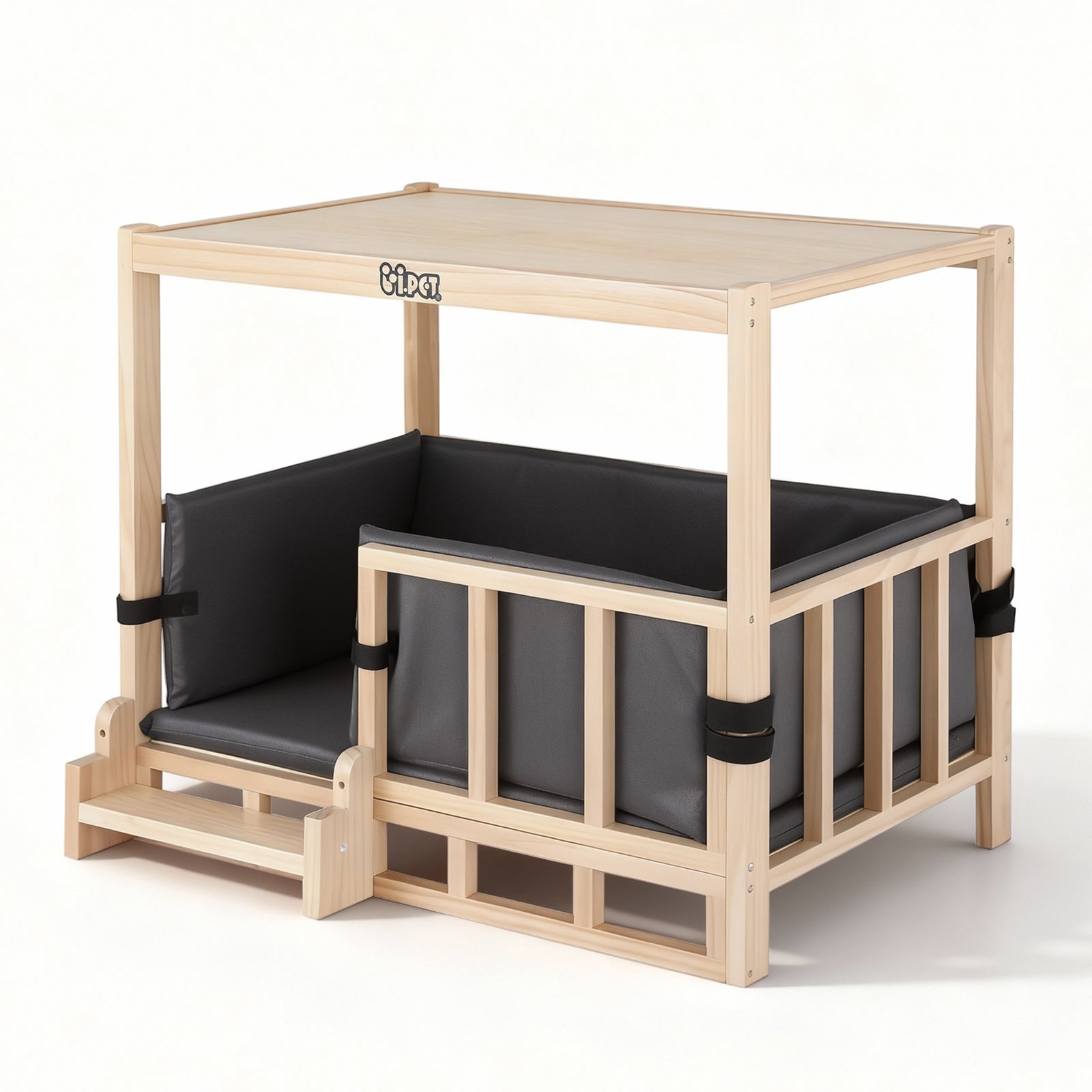 2-in-1 Dog Kennel Crate Furniture | Indoor Wooden House | Grey Bedding