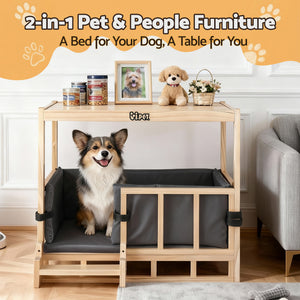 2-in-1 Dog Kennel Crate Furniture | Indoor Wooden House | Grey Bedding