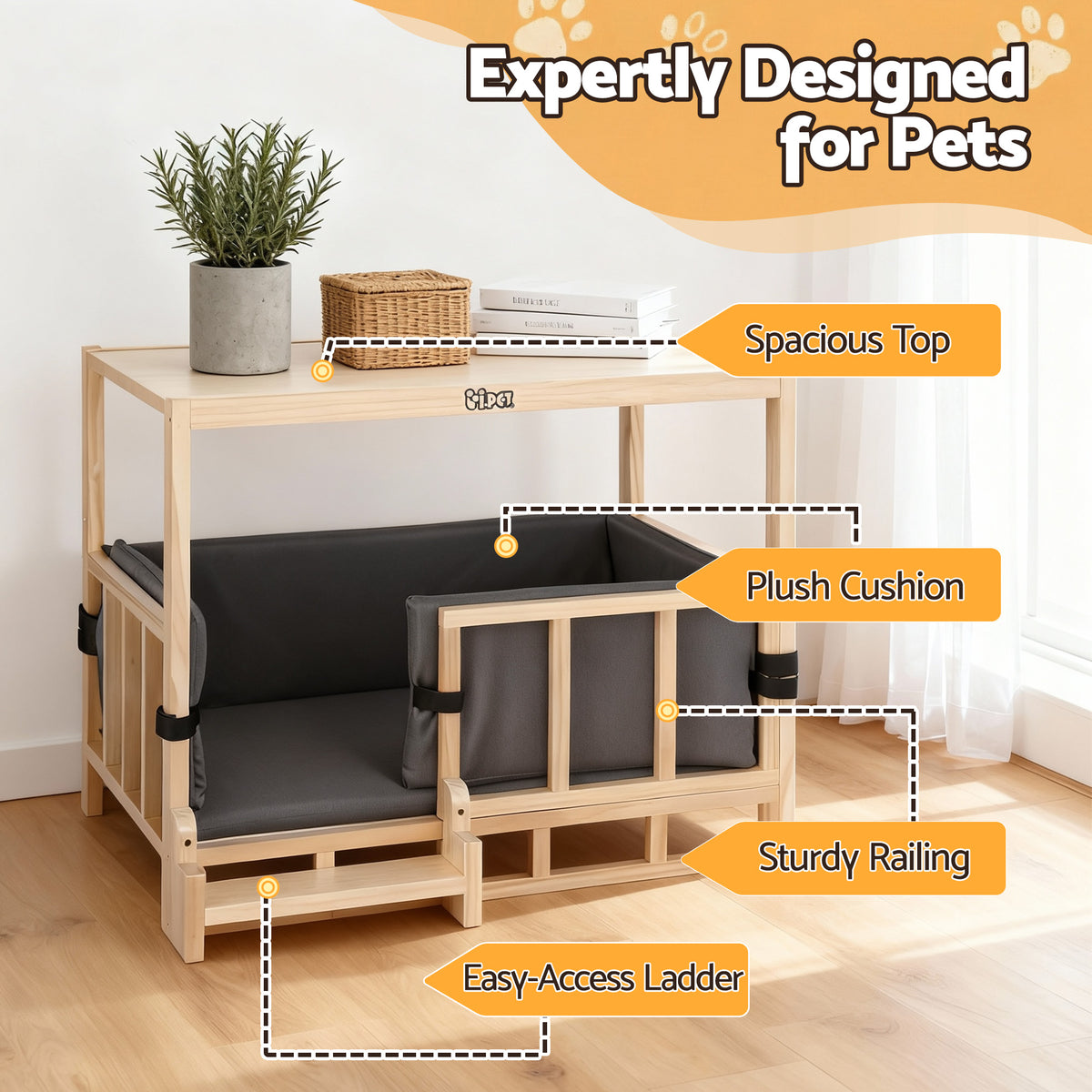 2-in-1 Dog Kennel Crate Furniture | Indoor Wooden House | Grey Bedding