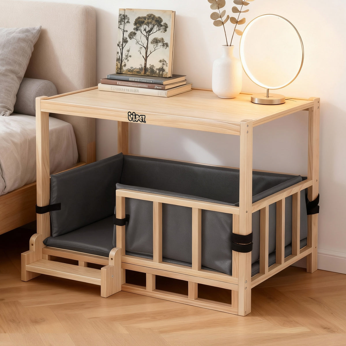 2-in-1 Dog Kennel Crate Furniture | Indoor Wooden House | Grey Bedding