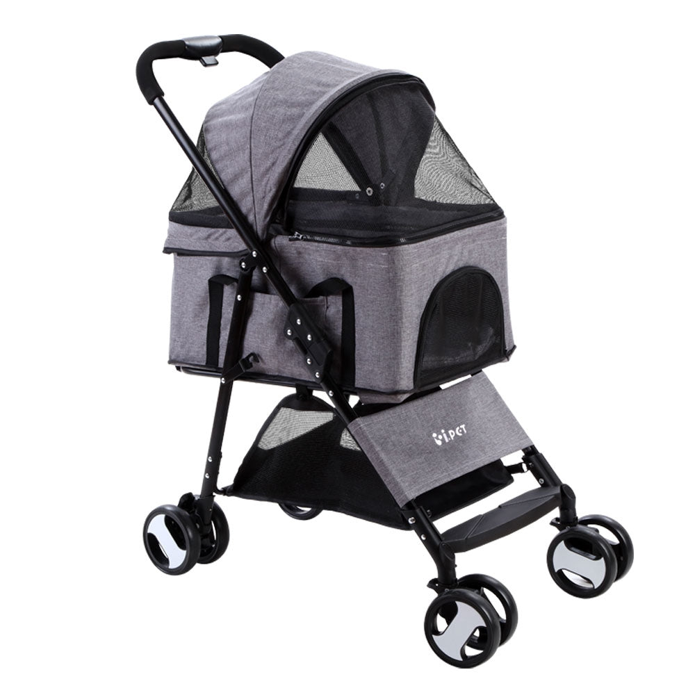 Pet Stroller Dog Pram | Cat Carrier Travel Large Pushchair Foldable 4 Wheels Grey